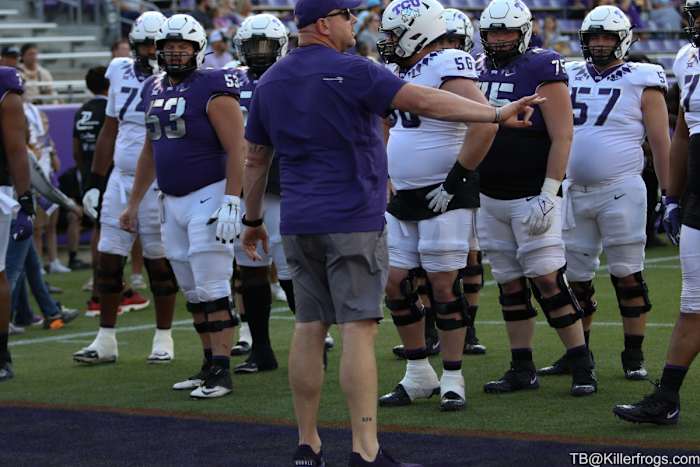 Coach Ricker coaching at the TCU Spring Football Game